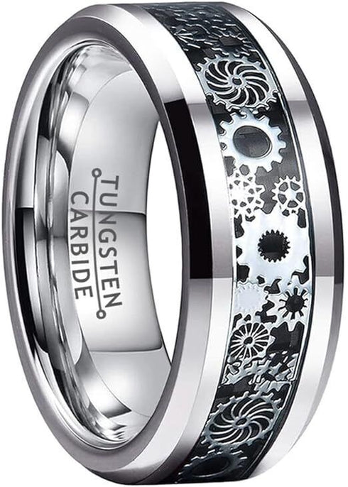 Men 8mm Tungsten Beveled Edge Mechanical Steampunk Gear Comfort-Fit Wedding Ring